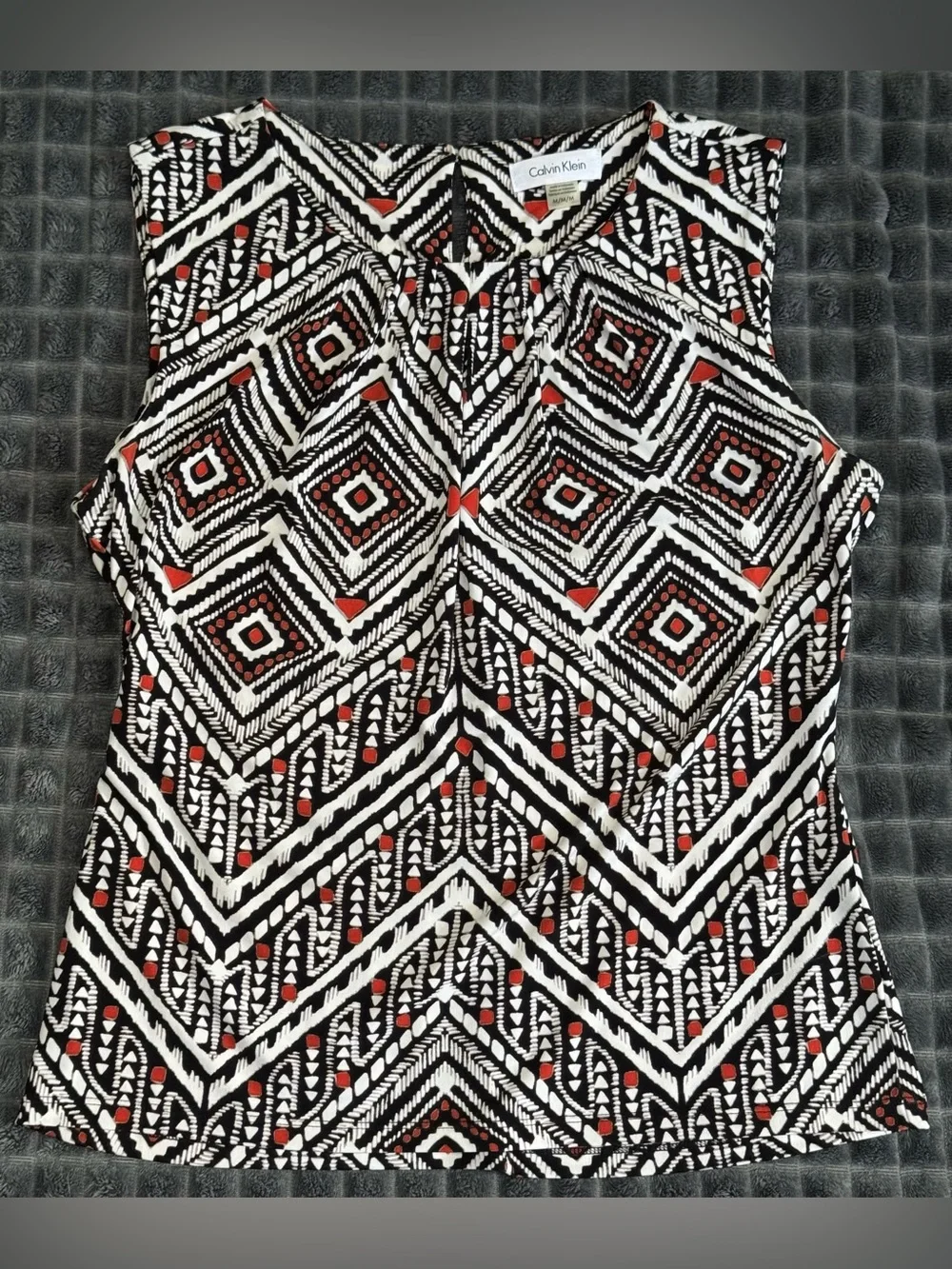 Calvin Klein Med Black Rust Orange Red Print Sleeveless Top Blouse Accents (B7) - Picture 1 of 6